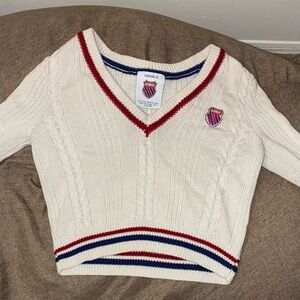Forever 21 White V-Neck Cable Knit Sweater with Red & Blue Trim